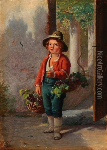 A Little Boy At A Doorway With Baskets Of Grapes Oil Painting - Julius Friedlaender