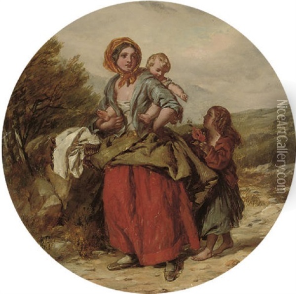 A Mother And Children On A Country Road (+ Another; Pair) Oil Painting - William Mulready