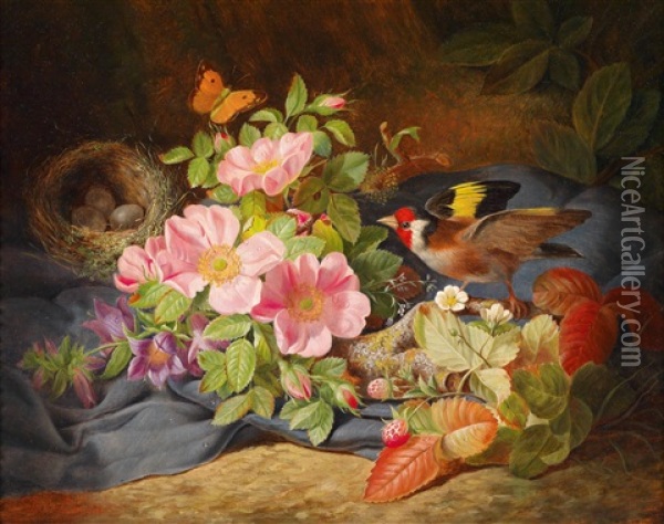 Blumenstuck Am Waldboden Mit Vogelnest, Erdbeeren Und Stieglitz Oil Painting - Josef Lauer