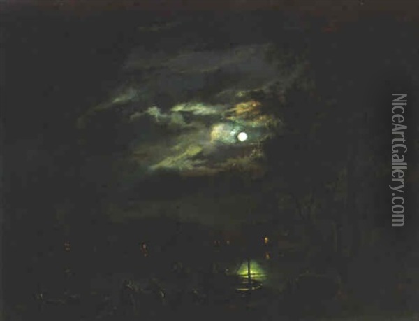 Fishermen At A Lake By Moonlight Oil Painting - Aert van der Neer