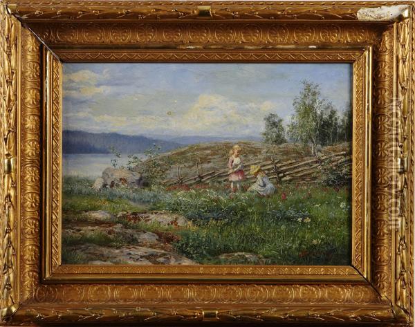 Blomsterplockande Flickor Vid Gardsgard Oil Painting - Edvard Forsstrom