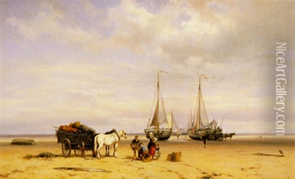 Fishermen Unloading The Catch On Scheveningen Beach Oil Painting - Barend Cornelis Koekkoek