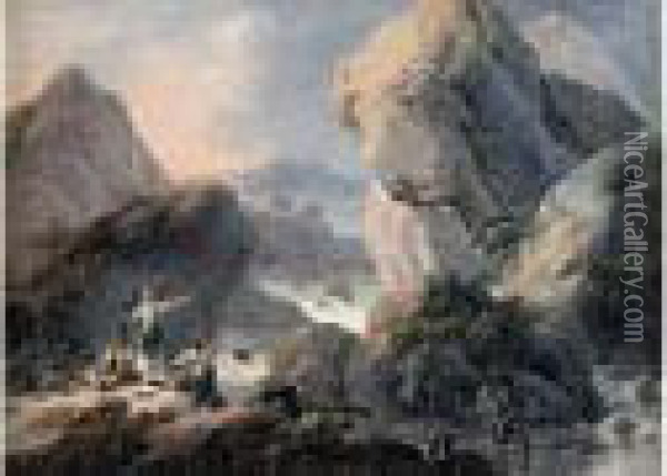 Paysans Pres D'une Cascade Oil Painting - Jean-Baptiste Pillement