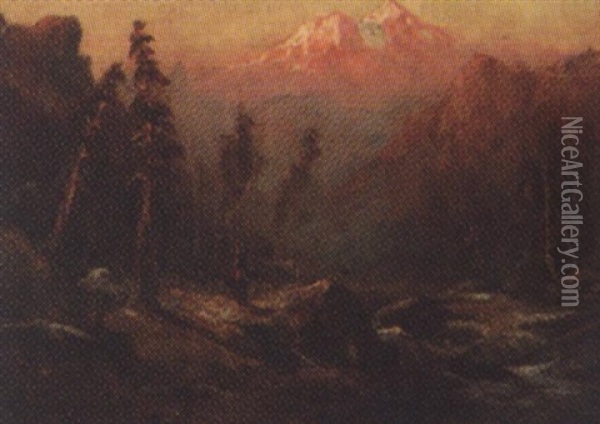 Horse And Rider In Panoramic River Landscape - Mt. Shasta In Distance Oil Painting - Frederick Ferdinand Schafer