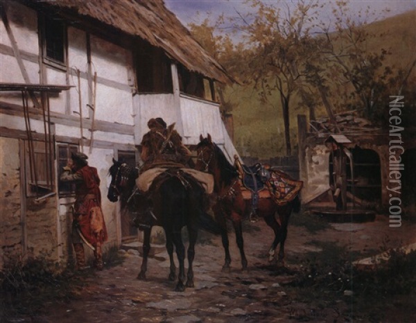 Reiter Vor Dorfschanke Oil Painting - Wladyslaw Szerner