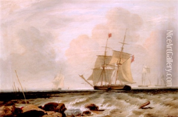 A Two Master And Other Shipping Off A Rocky Coast Oil Painting - Sir George Chambers
