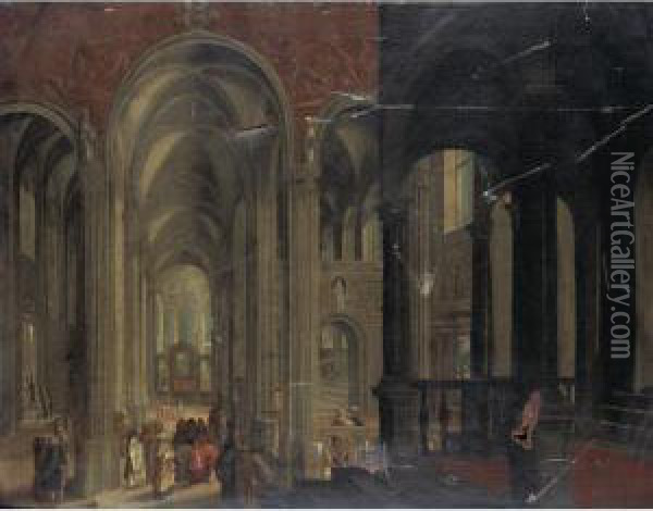 A Church Interior With Christ And The Woman Taken In Adultery Oil Painting - Pieter Ii Neefs