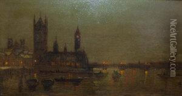The House Of Parliament And The Thames At Night Oil Painting - John Atkinson Grimshaw