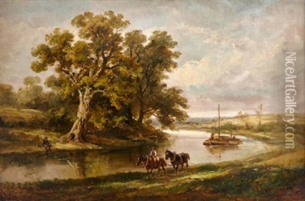 River Scene With Barge (the Towpath) Oil Painting - Arthur James Stark