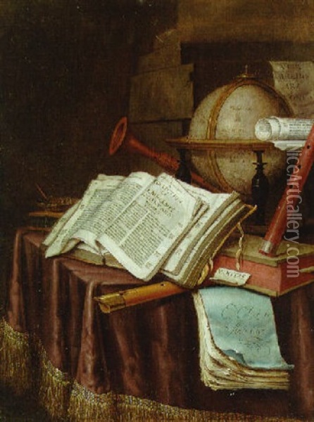 A Vanitas Still Life With A Globe, Musical Instruments, A Score And An Emblem Book On A Draped Table Before A Column Oil Painting - Edward Collier