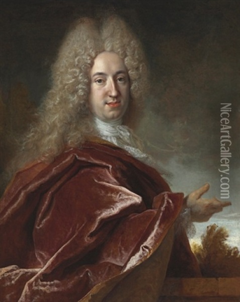 Portrait Of Walter Kruger (1684-1735), Standing Half-length, In A Red Robe Oil Painting - Nicolas de Largilliere