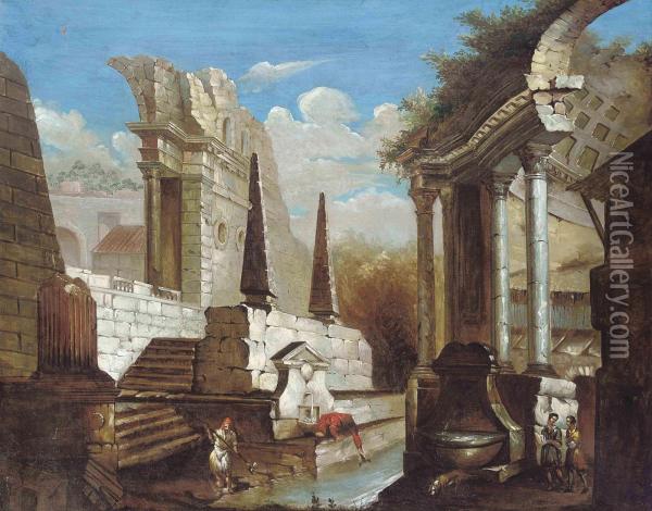 An Architectural Capriccio With A Figures Beside A Fountain Oil Painting - Gennaro Greco, Il Mascacotta