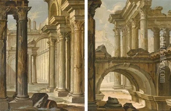 Architectural Capricci With Classical Ruins (+ Another, Similar; Pair) Oil Painting - Pierre Antoine Demachy