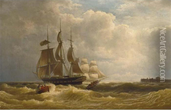Tall Ships Off The Coast Oil Painting - Hermann Mevius
