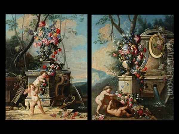 Puttenreigen Am Brunnen Mit Blumenvasen (+ Another Similar; Pair) Oil Painting - Gasparo Lopez