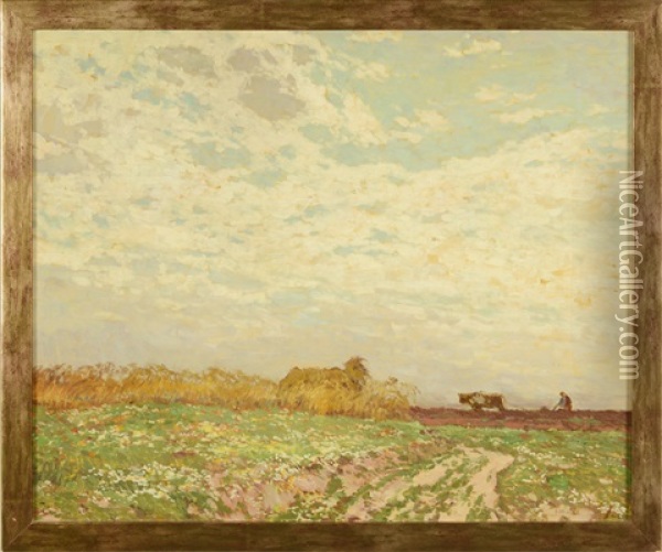 Landscape With A Ploughman Oil Painting - Josef Ullmann