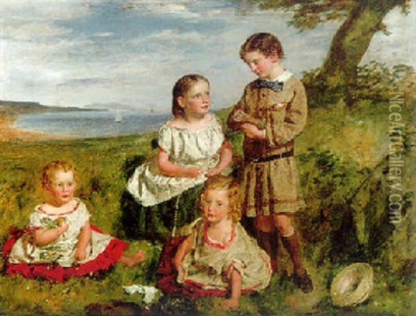 A Group Portrait Of Four Children, (the Children Of The Hon. Lieutenant Colonel R.w. Fraser?) Oil Painting - William McTaggart