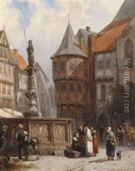 Market Day In Front Of A Town House In Hildesheim Oil Painting - Cornelis Springer