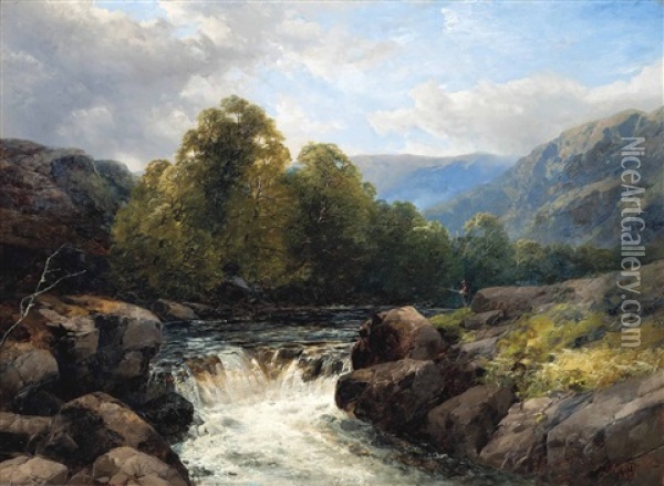 Waterfall On The Conway Llugwy, North Wales Oil Painting - John Brandon Smith