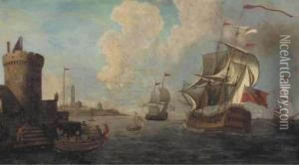 A Mediterranean Coastal Inlet With Dutch And British Men-o'war Andother Shipping Oil Painting - Adriaen Van Der Kabel