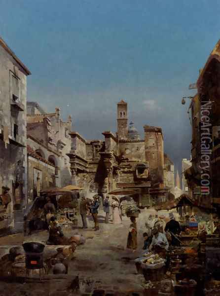 A Market In Italy Oil Painting - Robert Alott