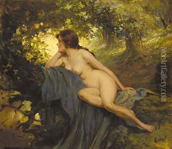A reclining female nude in a sunlit glade Oil Painting - Allan Douglas Davidson