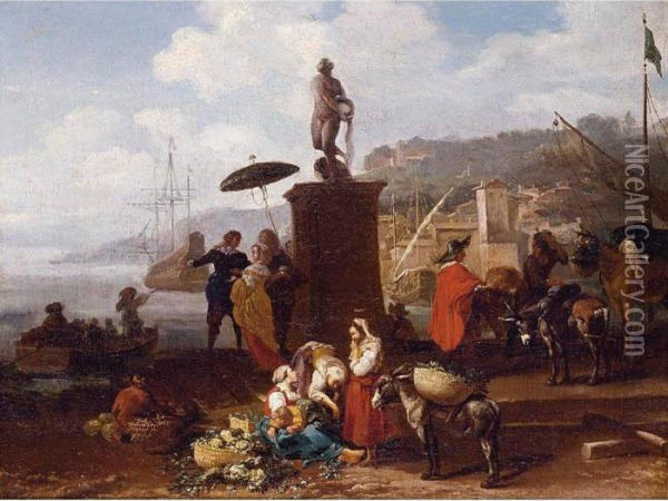 Port Scene With Figures Gathered By A Statue Oil Painting - Hendrick Mommers