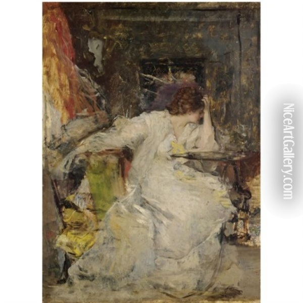 Woman In An Interior Oil Painting - Vicente Palmaroli y Gonzales
