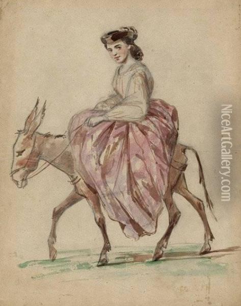 Junge Frau, Auf Einem Esel Reitend Oil Painting - Constantin Guys