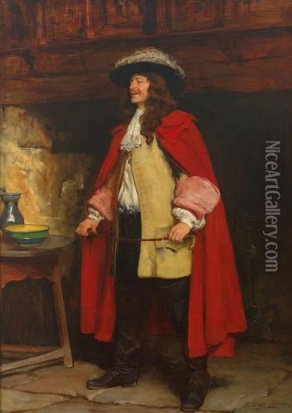 Portrait Eines Eleganten Herren Mit Rotem Umhang, Gelber Jacke Und Stiefeln Oil Painting - John Seymour Lucas