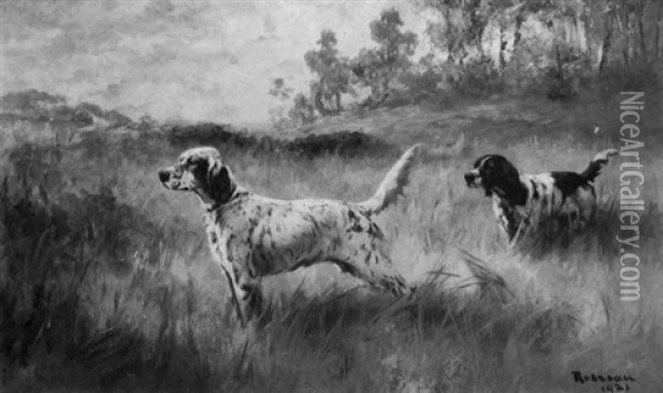 A Setter And A Spaniel Pointing Oil Painting - Percival Leonard Rosseau
