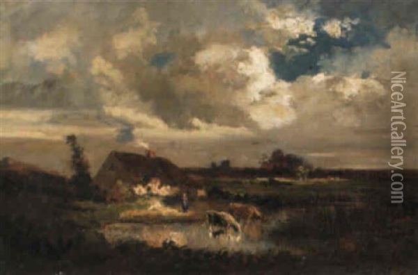 Landschaft Mit Kuhen An Der Tranke Oil Painting - Jules Dupre