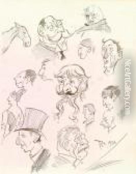 A Sheet Of Caricature Head Studies Oil Painting - Philip William May