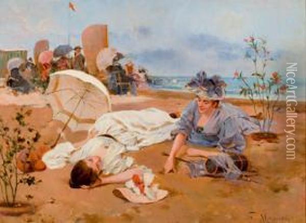 Damas En La Playa Oil Painting - Francisco Miralles Galup