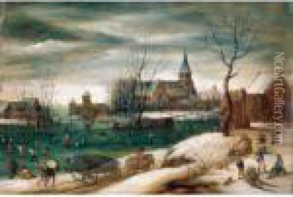 A Winter Landscape With Figures Skating On A Frozen River Before A Church Oil Painting - Jacob Grimmer