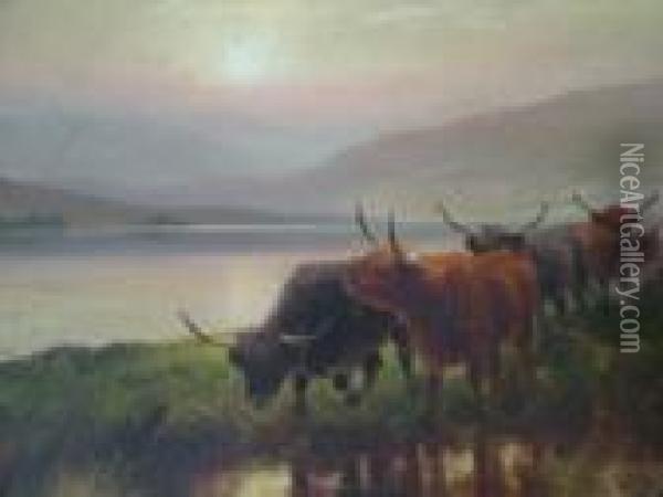 Highland Cattle, Loch Earn Oil Painting - Peter Graham