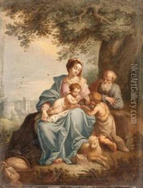 The Holy Family With Saint John The Baptist In A Landscape Oil Painting - Balthasar Beschey