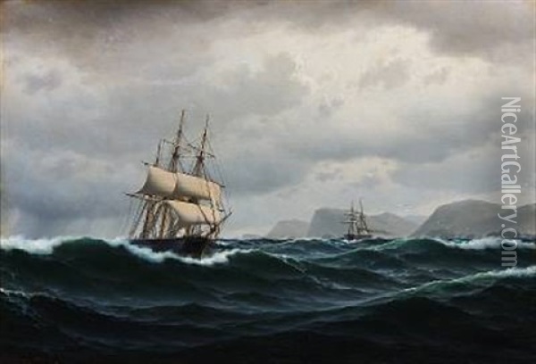 Seascape With Ships In Rough Sea Oil Painting - Carl Emil Baagoe