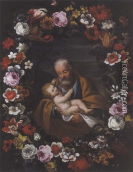Der Heilige Josef Im Blumenkranz (ghirlanda Florale Con San Giuseppe Col Gesu Bambino) Oil Painting - Pier Francesco Cittadini