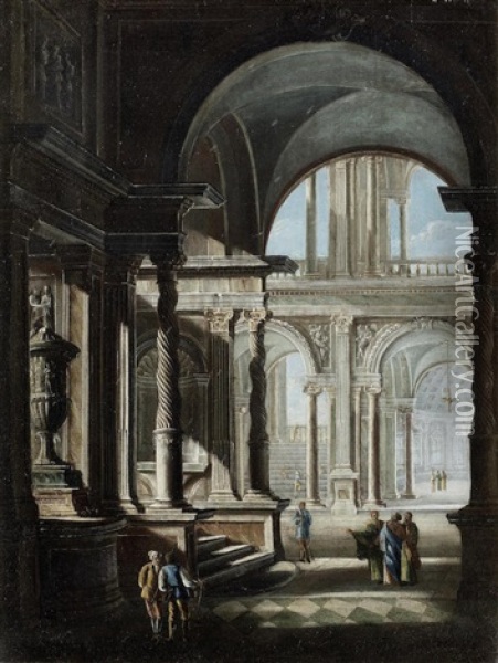 The Interior Of A Palace With Groups Of Figures In Conversation Oil Painting - Filippo (il Bizzarro) Gagliardi