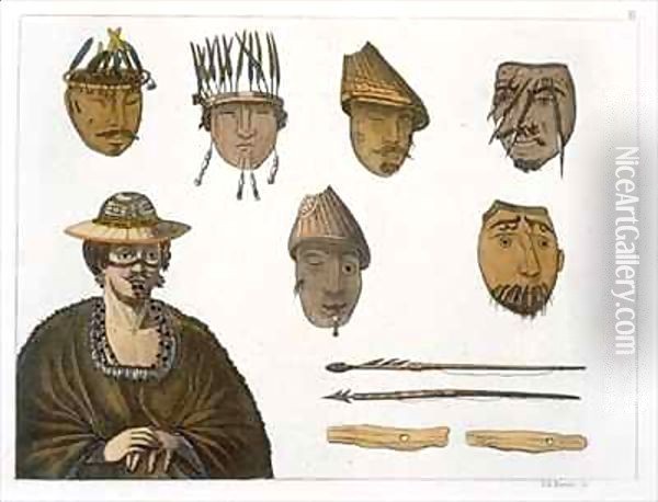 Detail of headdresses and weapons for fishing in Alaska Oil Painting - D.K. Bonatti
