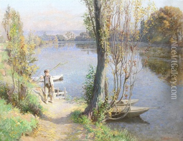 Boy Fishing By A Lake Oil Painting - Eugen Gustav Duecker