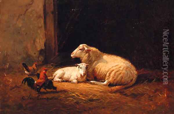 Sheep and Cockerels in a Farmyard Oil Painting - Cornelis van Leemputten