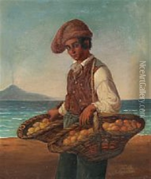 A Young Neapolitan Man Is Selling Fruit At The Beach Oil Painting - Frederik Ludwig Storch