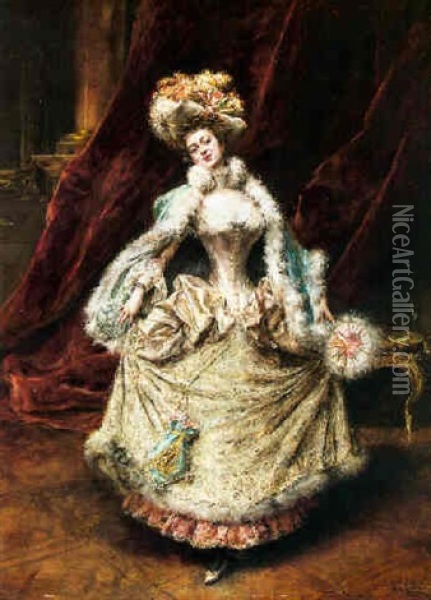 An Elegant Lady Holding A Fan Oil Painting - Eduardo Leon Garrido