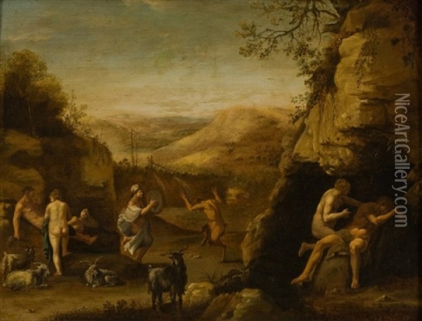Erotische Szene Mit Feiernden Nymphen, Satyrn Und Faun Oil Painting - Cornelis Van Poelenburgh