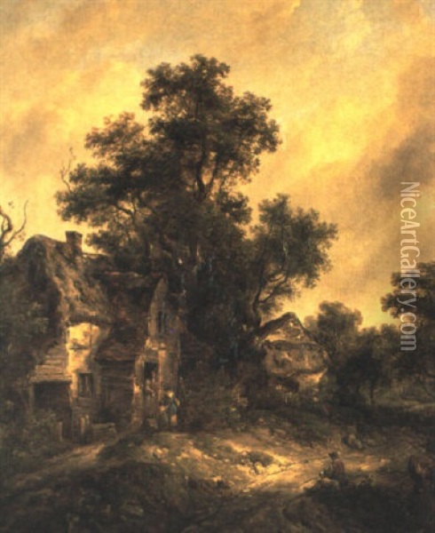 Wooded Landscape With Figures By A Cottage Oil Painting - Richard H. Hilder