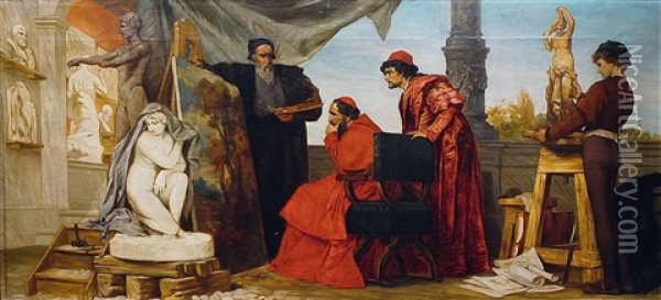 Kardinal Alessandro Farnese In Der Werkstatt Tizians Oil Painting - Edmund Harburger