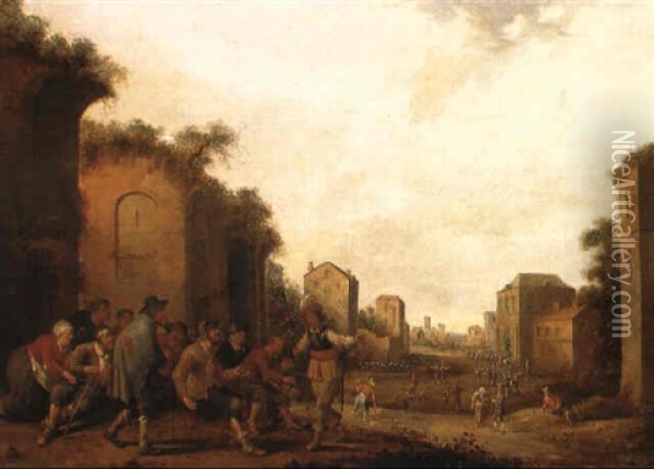 Beggars Accosting A Gentleman In A Village Oil Painting - Joost Cornelisz. Droochsloot