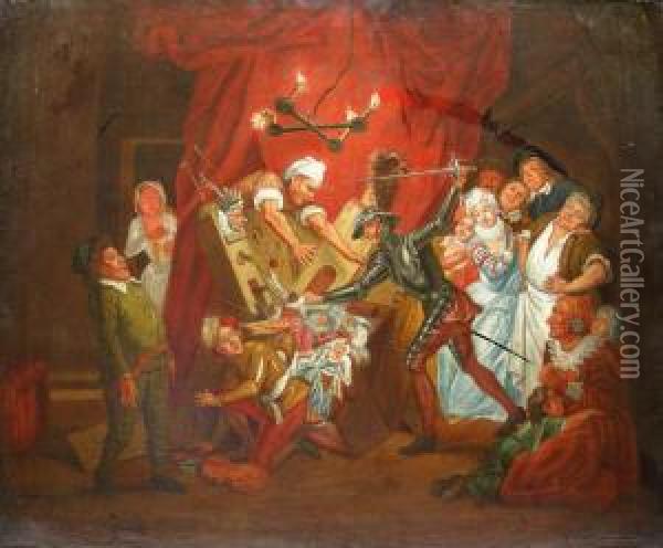 Don Quixote And The Puppets Oil Painting - Charles-Antoine Coypel
